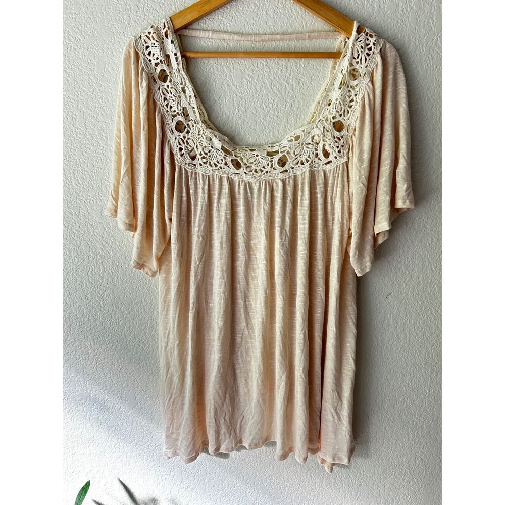 Chloe K Womens Crochet Lace Neck Flutter Sleeve Blouse Peach Rayon Linen Large